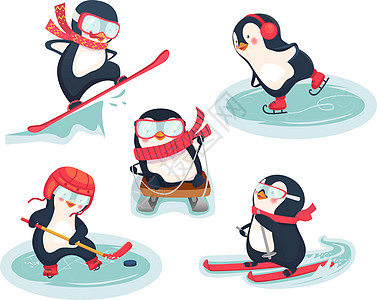 冬季活性企鹅概念婴儿滑雪溜冰者运动雪橇动物数字冰鞋插图跳跃图片