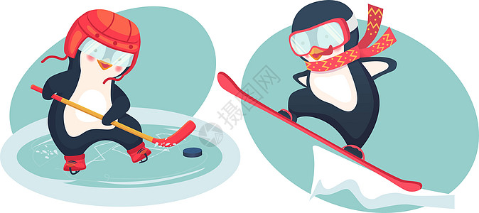 企鹅冰球运动员和企鹅滑雪运动员运动动物卡通片婴儿游戏插图单板竞赛活动玩家图片