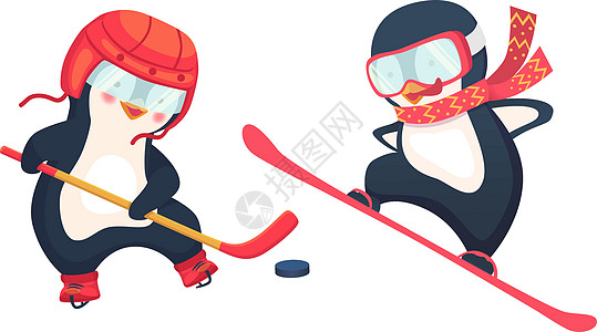 企鹅冰球运动员和企鹅滑雪运动员运动曲棍球滑雪板活动滑雪者插图婴儿玩家孩子竞赛图片