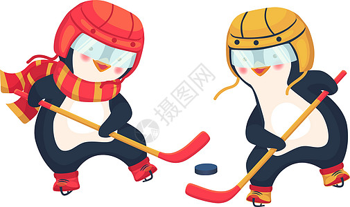 企鹅在冬天打冰球游戏玩家活动运动插图冰球运动员儿童曲棍球竞赛图片