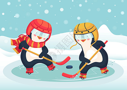 ps雪冰素材企鹅在冬天打冰球孩子们插图儿童冰球闲暇运动员运动曲棍球假期玩家插画