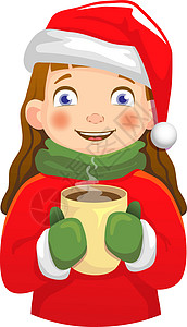 围巾手套女孩拿着热杯蒸汽饮料杯子时间快乐毛衣球衣咖啡杯围巾女性设计图片