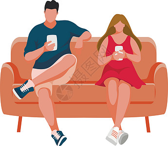 坐在沙发上的男人和女孩椅子长椅女性手机夫妻插图女士男性男生电话图片