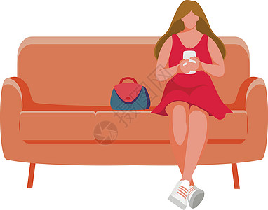 坐在沙发上的女孩电话椅子手提包插图白色女士手机长椅女性图片