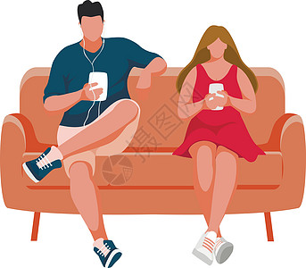 坐在沙发上的男人和女孩耳机女士插图男生夫妻男性女性手机音乐电话图片