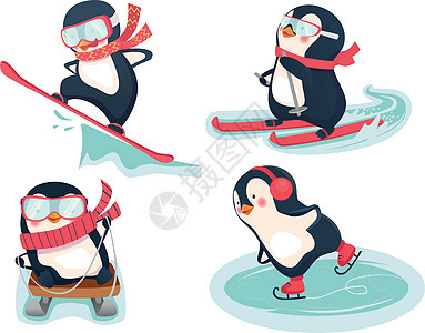 冬季活性企鹅滑雪滑雪板婴儿季节单板溜冰者运动闲暇滑冰卡通片图片