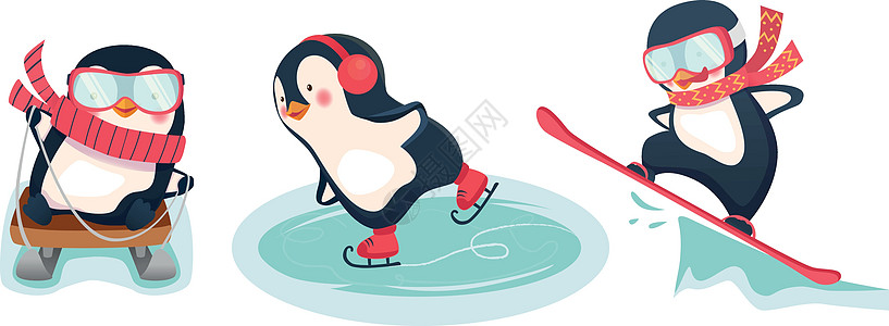冬季活性企鹅休闲季节溜冰者滑雪孩子乐趣卡通片动物训练雪橇图片
