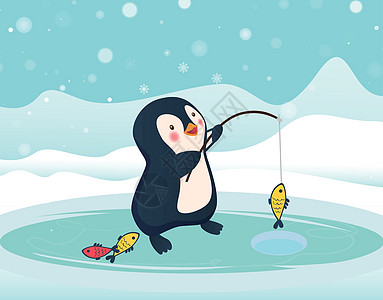 企鹅企鹅钓鱼人捕获的鱼降雪鱼竿野生动物卡通片钓竿冰钓荒野渔夫动物钓鱼图片