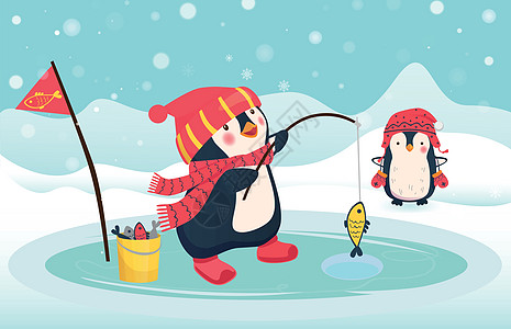 企鹅企鹅钓鱼人捕获的鱼插图闲暇野生动物运动动物渔夫降雪冰钓钓竿荒野图片
