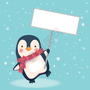 企鹅持有标志牌动物框架横幅空白婴儿孩子们卡片广告牌卡通片图片