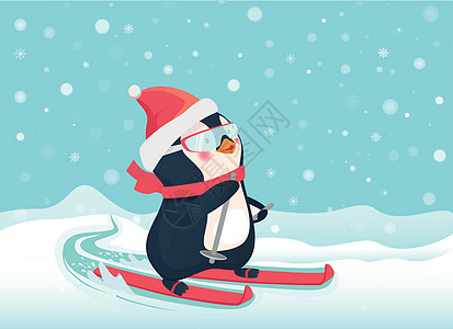 滑雪上企鹅季节雪堆婴儿滑雪板闲暇滑雪者卡通片图片