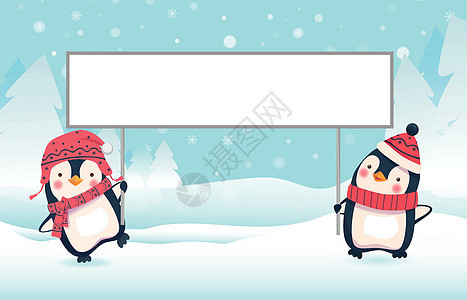 两只企鹅拿着横旗折扣卡通片空白销售木板广告牌动物图片