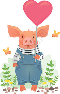 养心的可爱猪快乐工作服花朵衣服粉色插图卡通片谷仓公猪荒野图片