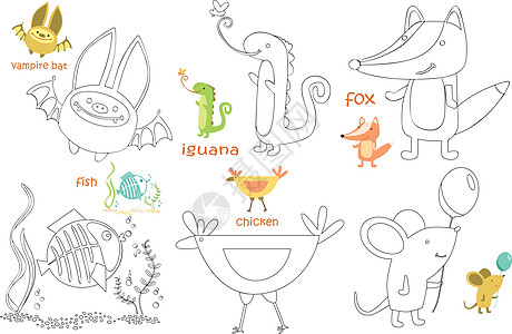 儿童着色页面集涂鸦动物狐狸染色插图卡通片老鼠色本鬣蜥蝙蝠图片