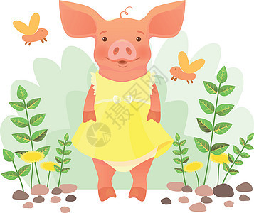穿裙子的小猪婴儿孩子卡通片女孩衣服黄色草地插图农场动物背景图片