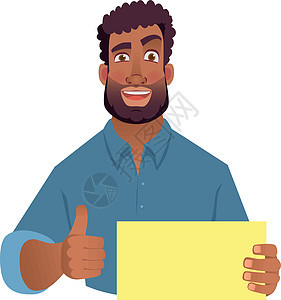 非洲男子持有空白卡成功衬衫老板喜悦横幅男人插图卡通片木板卡片图片