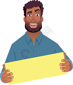 持有空白卡的非洲男子笑声头发木板插图情感海报男人小样男性卡片图片