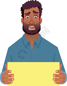 持有空白卡的非洲男子厌恶框架小样人士卡通片插图办公室衬衫工人卡片图片