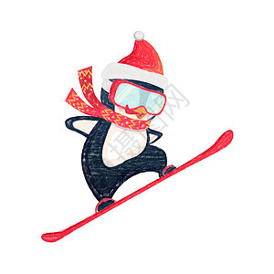 跳雪时企鹅滑雪机滑雪者乐趣木板动物绘画雪堆滑雪卡通片滑雪板速度图片
