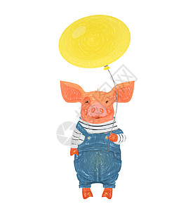 拿着气球的猪养气球的可爱猪快乐卡通片绘画动物礼物婴儿生日公猪粉色插图背景