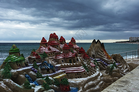 城市海滩Spa沙滩上的山地景观的模仿Spa观光游客人行道天气城堡沙堡支撑地平线图片