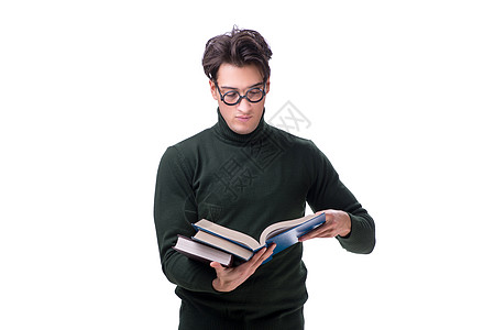 带着白色孤立书籍的呆子青年学生读者培训班会议极客学习考试男人大学阅读图书馆图片