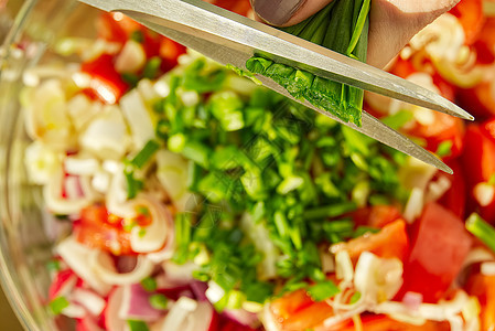切葱到夏季素食蔬菜沙拉 家庭烹饪番茄 黄瓜 洋葱 鳄梨和萝卜的维生素沙拉图片