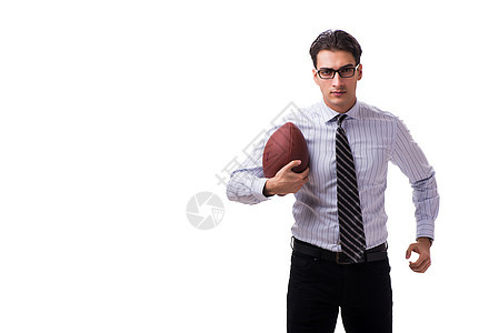 年轻商务人士 美式足球在白线上被孤立图片