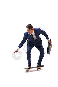 商务人士骑着滑板 白背景孤立于此平衡闲暇午餐溜冰者员工骑士娱乐特技男人工作图片