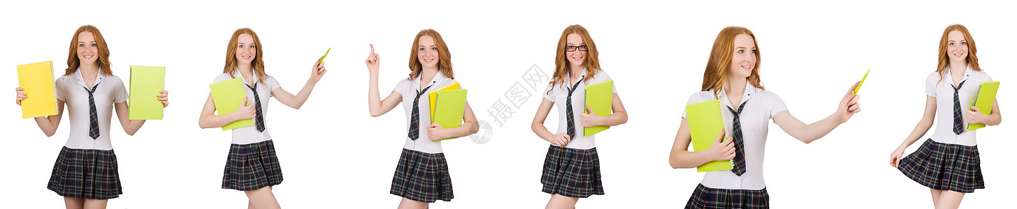 年轻女学生 指着孤立的白人女生笔记本女士姿势学习大学拼贴画青少年快乐考试老师图片