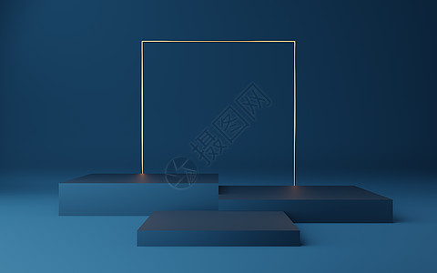 空的蓝色立方体讲台 蓝色有金色边框和金色正方形领导者工作室店铺推介会木板比赛大理石金属装饰金子图片