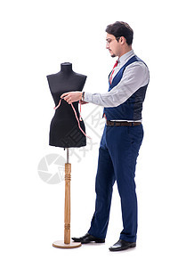 男性裁缝孤立在白色背景上剪裁模型服装商工作工艺材料服装衣服工作室商业图片