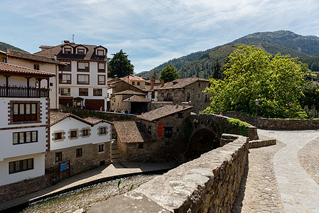 西班牙坎塔布里亚村河旅游村庄街道窗户房子农村山脉场景花朵建筑物图片