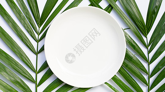 热带棕榈叶上白色背面的空白白陶瓷板g菜肴打扫午餐盘子勺子食物陶器刀具概念餐厅图片