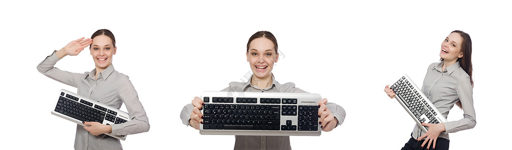 年轻商务人士在白色的有趣概念中编码员姿势剪辑电脑微笑学生情感人士女性技术图片