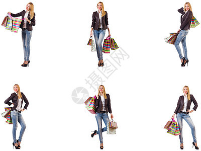 美丽的女人 带着白纸上孤立的购物袋市场奢华展示女性快乐女士购物乐趣零售顾客图片
