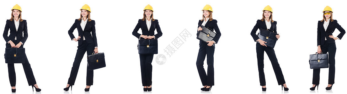 女性建筑师 用白色的孤立袋工作经理商务女孩工程公文包姿势职业头盔建筑学图片