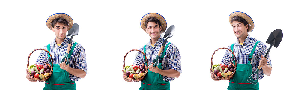 白种背景的年轻农民被孤立帽子花园工人水果园艺收成姿势剪辑蔬菜微笑图片