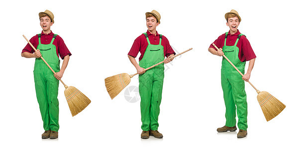 男人清洁工在白色上被隔离工具女佣拖把服务扫帚清扫灰尘房子乐趣职业图片