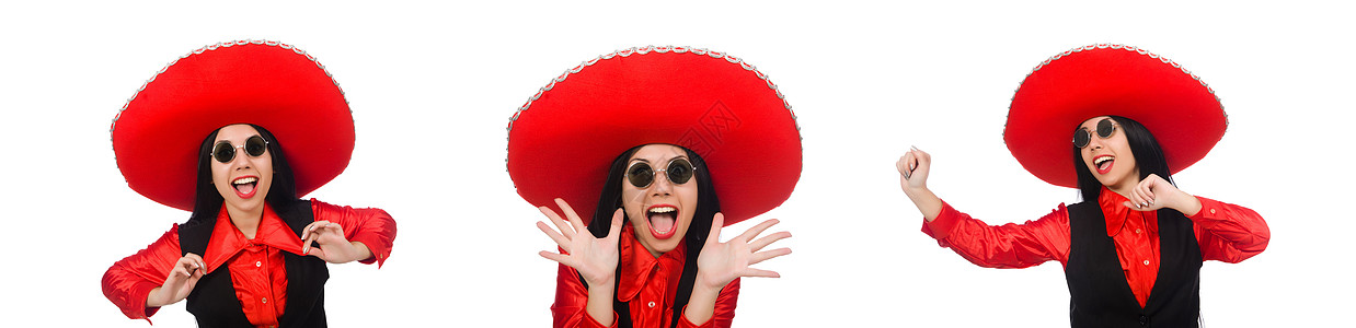 墨西哥女人在白色的滑稽概念中戏服女孩收藏文化拉丁女士姿势帽子国家彩虹图片
