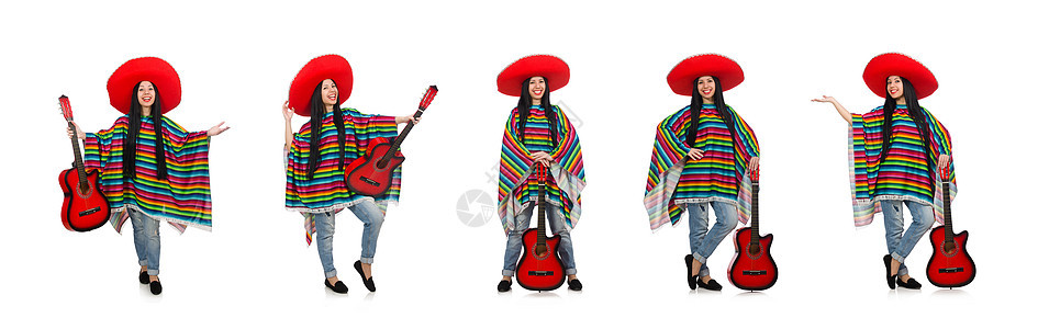 白色的墨西哥女性吉他手乐趣漫画女士拉丁收藏边帽音乐会乐队音乐吉他图片