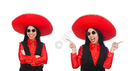 墨西哥女人在白色的滑稽概念中衣服帽子边帽雨披乐队女士文化刮刀彩虹戏服图片