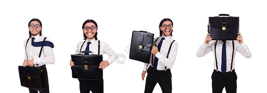 青年商务人士持有公文包 白色与世隔绝男人吊带裤眼镜商业衬衫职业姿势老板手提包套装图片