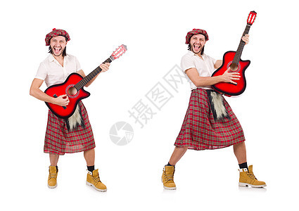 苏格兰人弹吉他 孤立在白色上贝雷帽漫画细绳国籍胡须岩石乐趣衣服乐器靴子图片