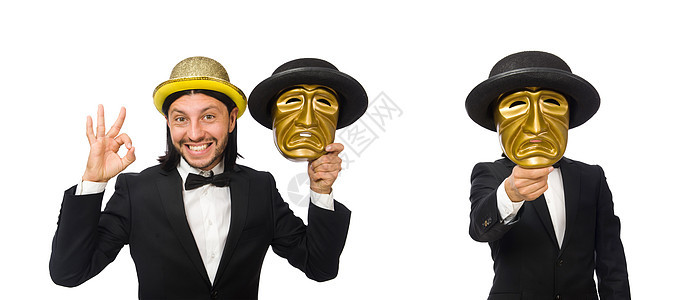 戴着戏剧面具的男子在白色上被孤立舞会帽子表演戏服歌剧男人面孔隐藏间谍哑剧图片