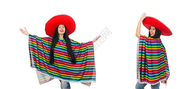 墨西哥女人在白色的滑稽概念中收藏快乐姿势边帽衣服微笑女孩牛仔帽子戏服图片