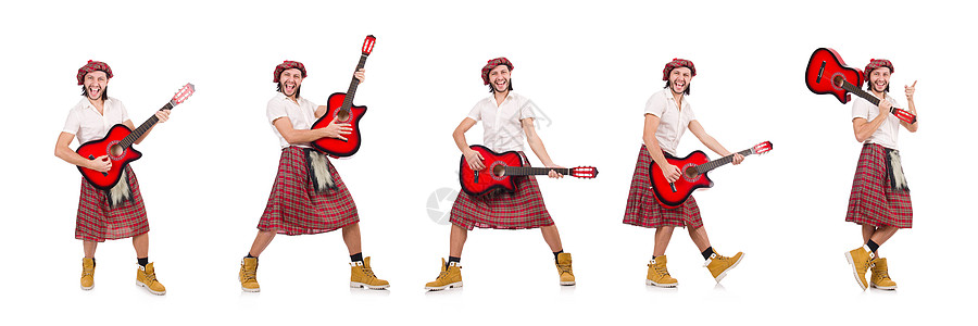 苏格兰人弹吉他 孤立在白色上收藏岩石音乐细绳男人爱好音乐家靴子乐器国籍图片