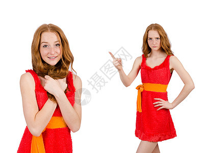 穿着红礼服的年轻漂亮女孩 孤立在白色上衣服橙子女士丝带魅力头发裙子姿势青年工作室图片