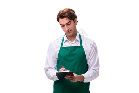 白背景孤立的年轻服务生账单服务员困惑服务男人仆人男生工作咖啡店盘子图片