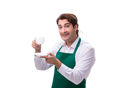 白种背景孤立的年轻野面条酒吧围裙咖啡店饮料托盘职员食物命令尖端杯子图片
